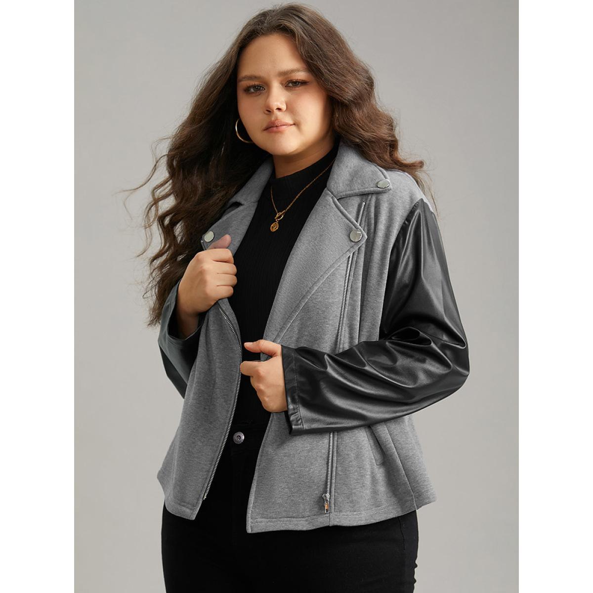 Plus Size PU Leather Zipper Contrast Button Detail Jacket Women Black Contrast Pocket Dailywear Jackets BloomChic 26/4X Product Image
