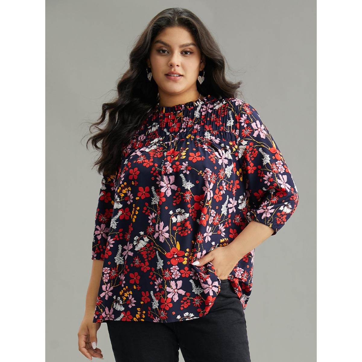 Plus Size Multicolor Floral Print Frill Trim Cut Out Blouse Women Elegant Elbow-length sleeve Round Neck Everyday Blouses BloomChic 14-16/1X Product Image