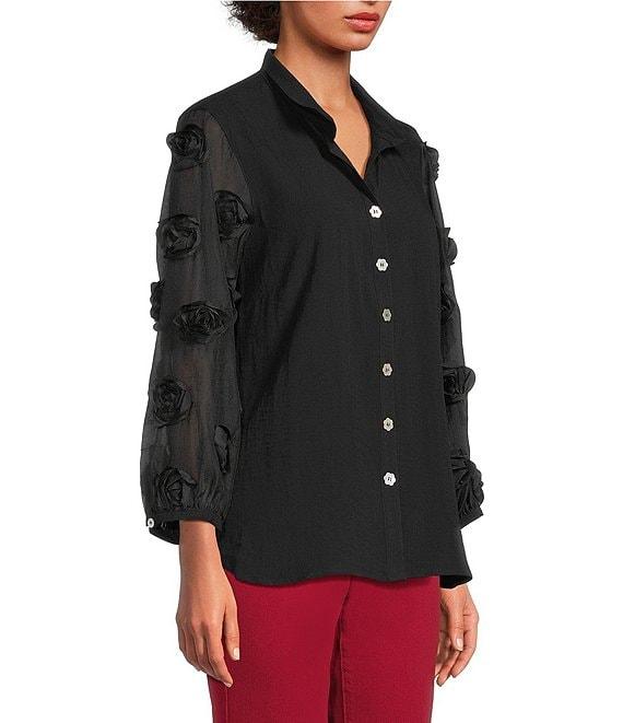 John Mark Petite Size Woven Wire Collar Sheer 3/4 3D Rosette Sleeve Button Front Blouse Product Image