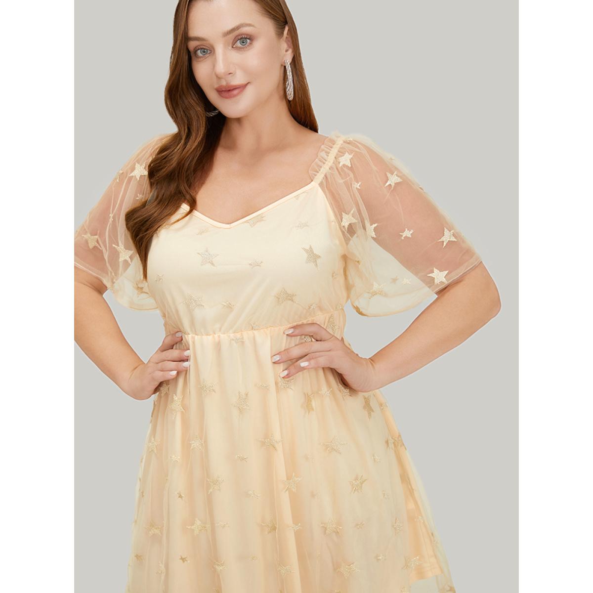 Plus Size Star Embroidered Mesh Ruffle Sleeve Frill Trim Dress Beige Women Glamour Lined V-neck Short sleeve Curvy Knee Dress BloomChic 26/4X Product Image