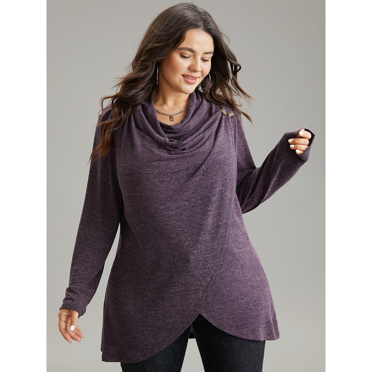 Plus Size Plain Heather Cowl Neck Button Detail Sweatshirt Women Purple Casual Overlapping Cowl Neck Everyday Sweatshirts BloomChic 18-20/2X Product Image