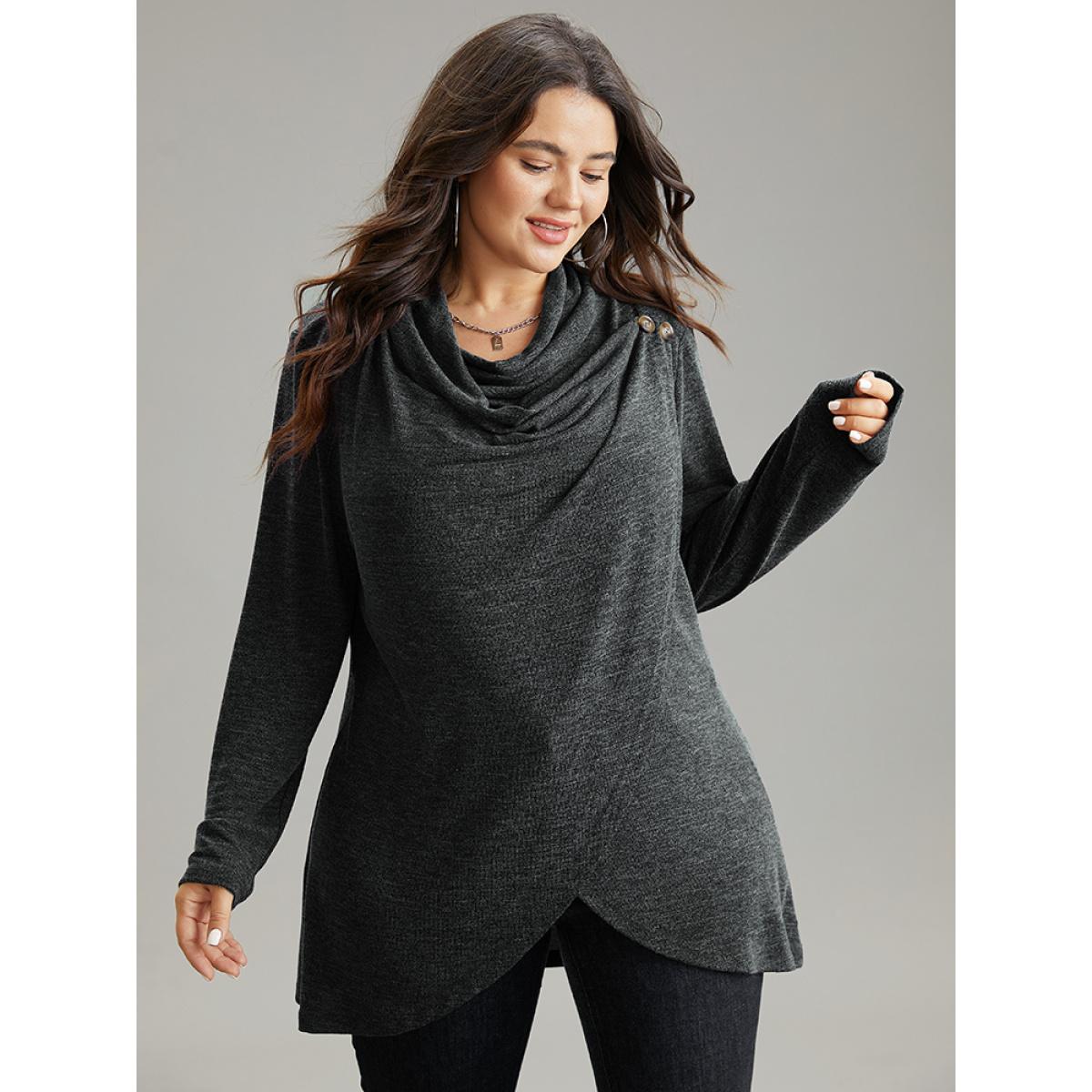 Plus Size Plain Heather Cowl Neck Button Detail Sweatshirt Women DarkGray Casual Overlapping Cowl Neck Everyday Sweatshirts BloomChic 10/M Product Image