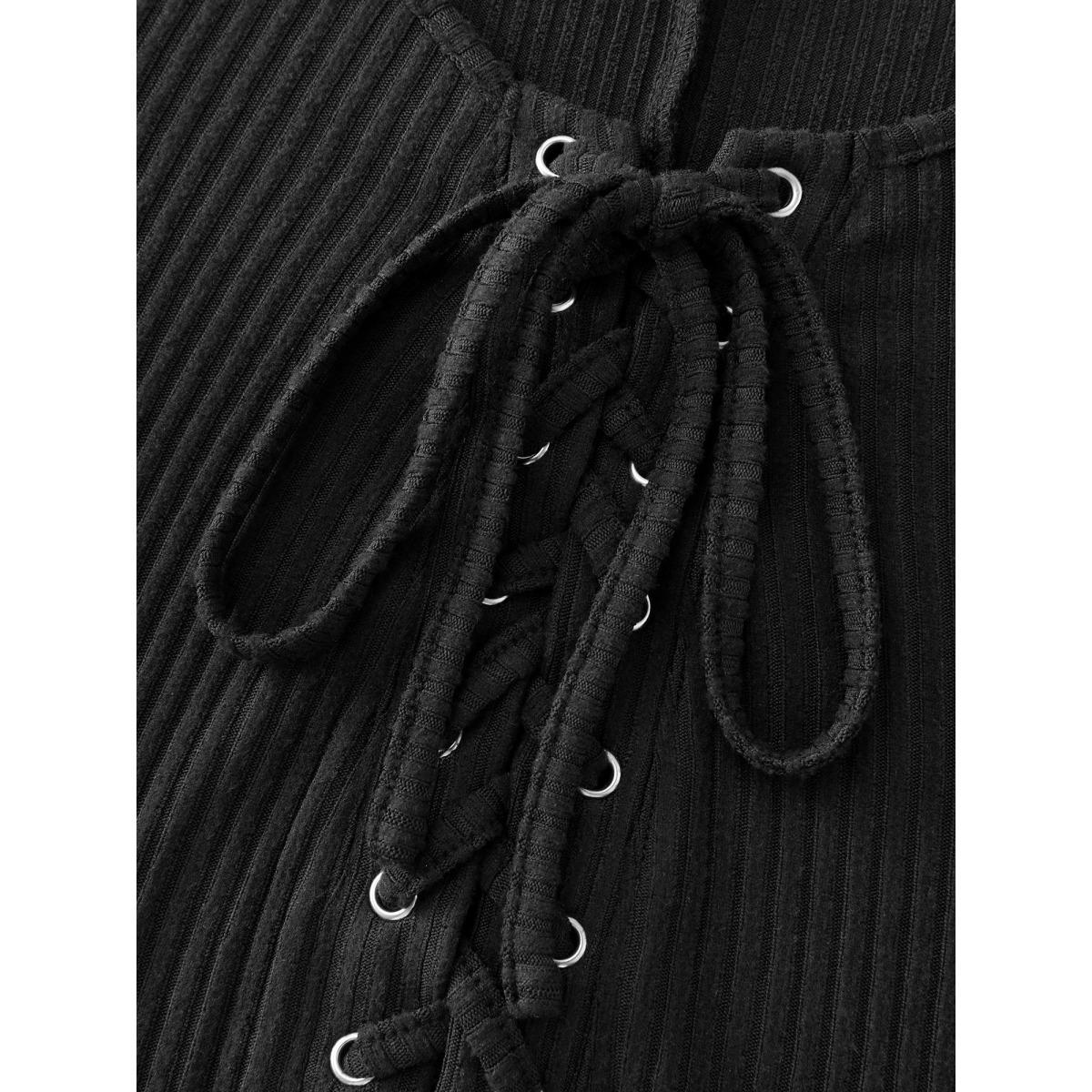 Plus Size Stretchy Round Neck Lace-Up Midi Dress Black Women Timeless Wraparound straps Boat Neck Long Sleeve Curvy BloomChic 18-20/2X Product Image