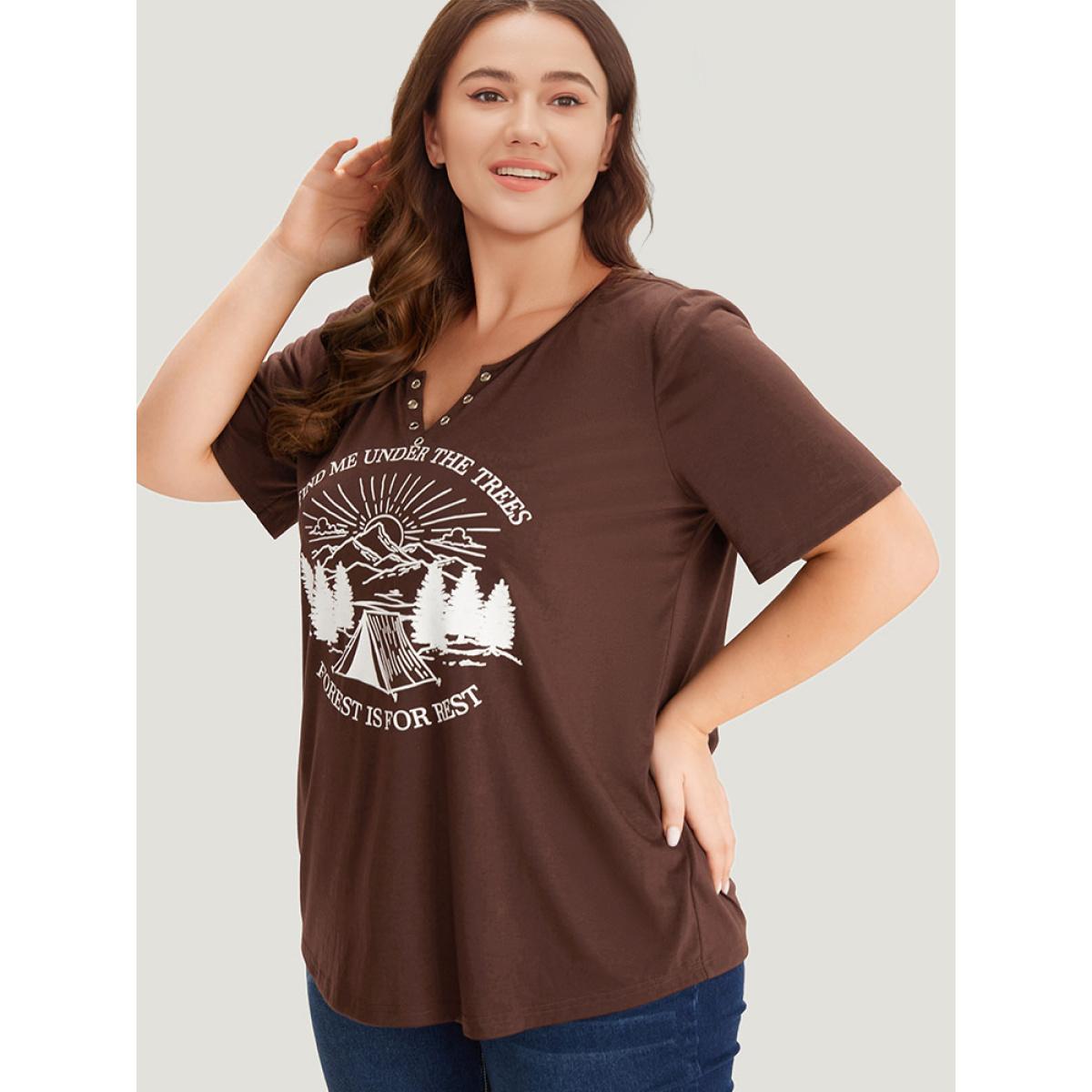 Plus Size Landscape Print Notched T-shirt DarkBrown Women Casual Printed Western Dailywear T-shirts BloomChic 28/5X Product Image