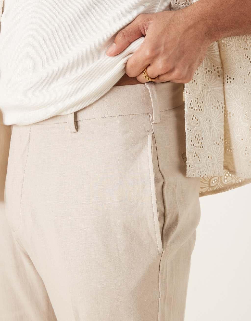 ASOS DESIGN smart tapered fit linen blend pants in stone with turnups Product Image