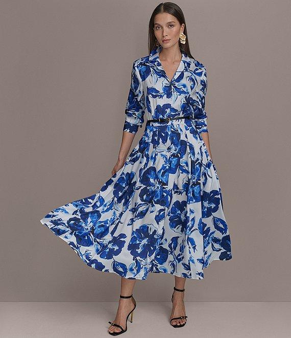 Donna Karan Printed Notch Collar Long Sleeve Belted Midi Shirtdress Product Image