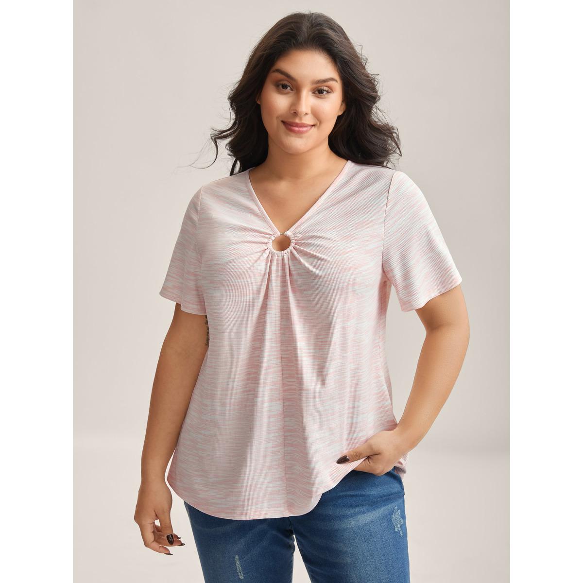 Plus Size Heather Neck Keyhole Solid T-Shirt Lightpink Women Texture V-neck Everyday-Casual T-shirts BloomChic 10/M Product Image