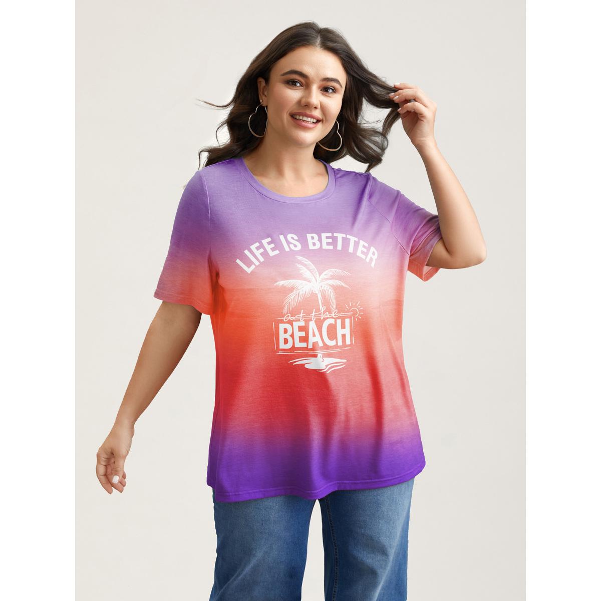 Plus Size Gradient Beach Print Fitted T-Shirt Eggplant Women Playful Contrast Tropical Round Neck Casual T-shirts BloomChic 28/5X Product Image