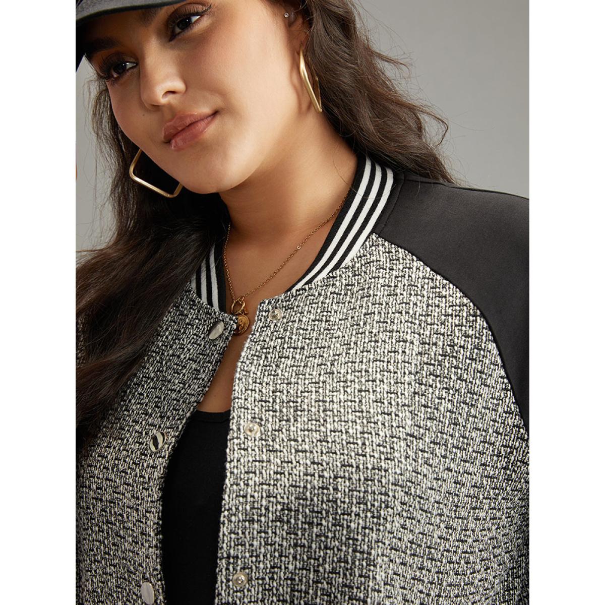 Plus Size Texture Patchwork Contrast Striped Button Up Jacket Women Black Elastic cuffs Pocket Everyday Jackets BloomChic 10/M Product Image