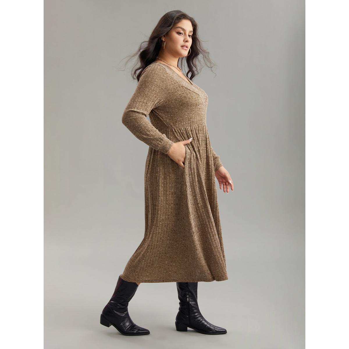 Plus Size Rib Knit Plain Plisse Long Sleeve Dress Yellowishbrown Women Casual Rib Knit V-neck Long Sleeve Curvy Midi Dress BloomChic 22-24/3X Product Image