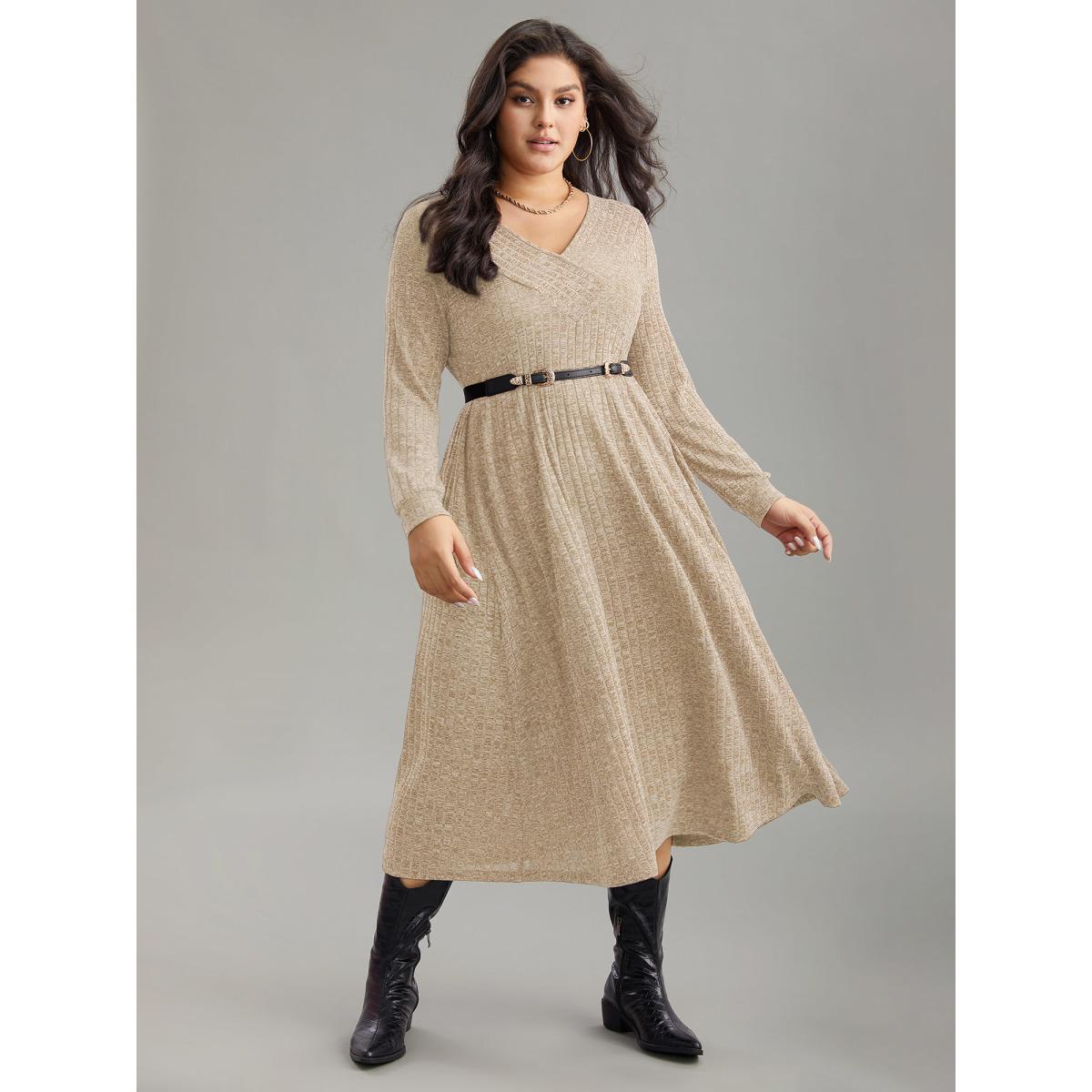 Plus Size Rib Knit Plain Plisse Long Sleeve Dress Beige Women Casual Rib Knit V-neck Long Sleeve Curvy Midi Dress BloomChic 28/5X Product Image