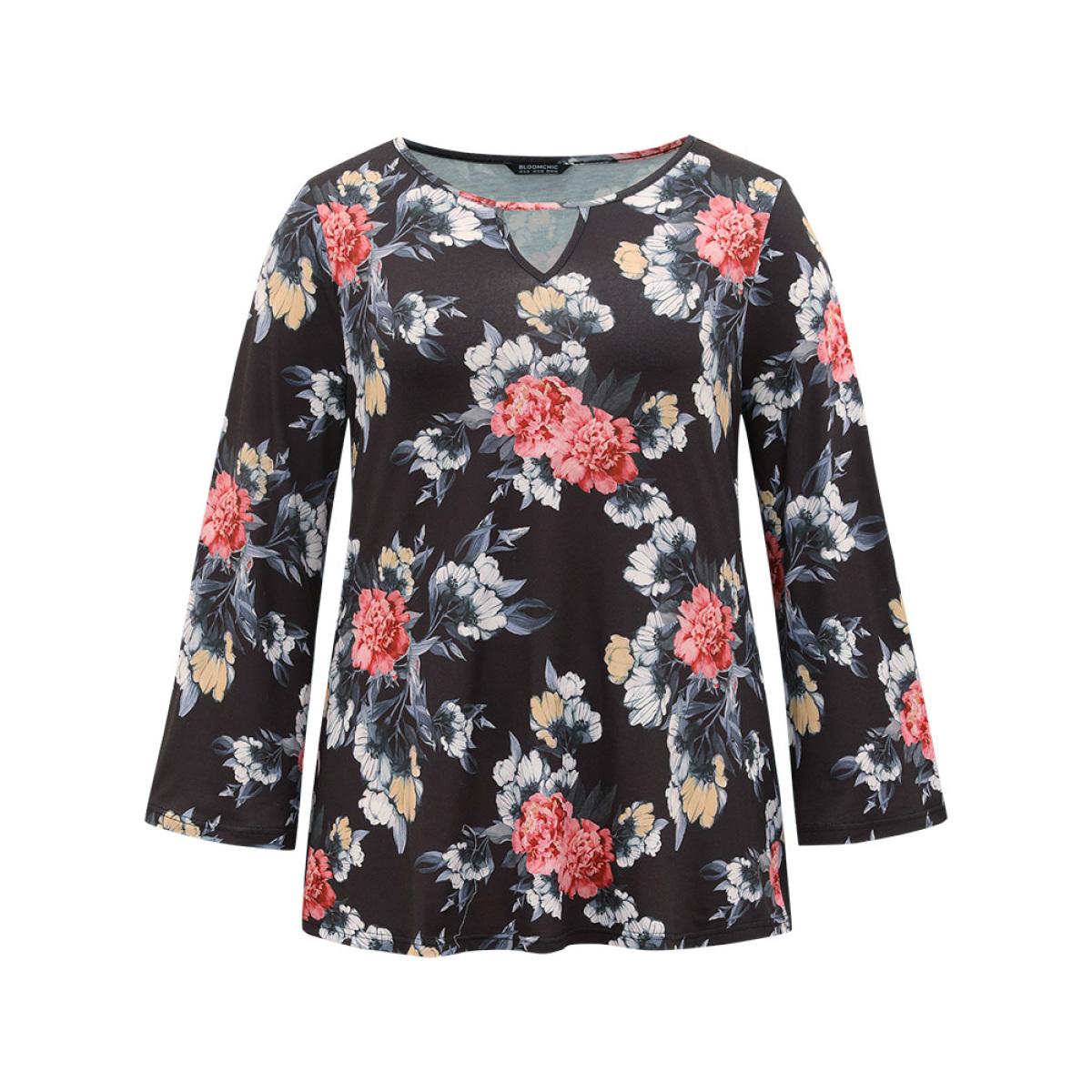 Plus Size Floral Keyhole Ruffle Sleeve T-shirt Multicolor Women Casual Printed Floral Keyhole Cut-Out Dailywear T-shirts BloomChic 26/4X Product Image