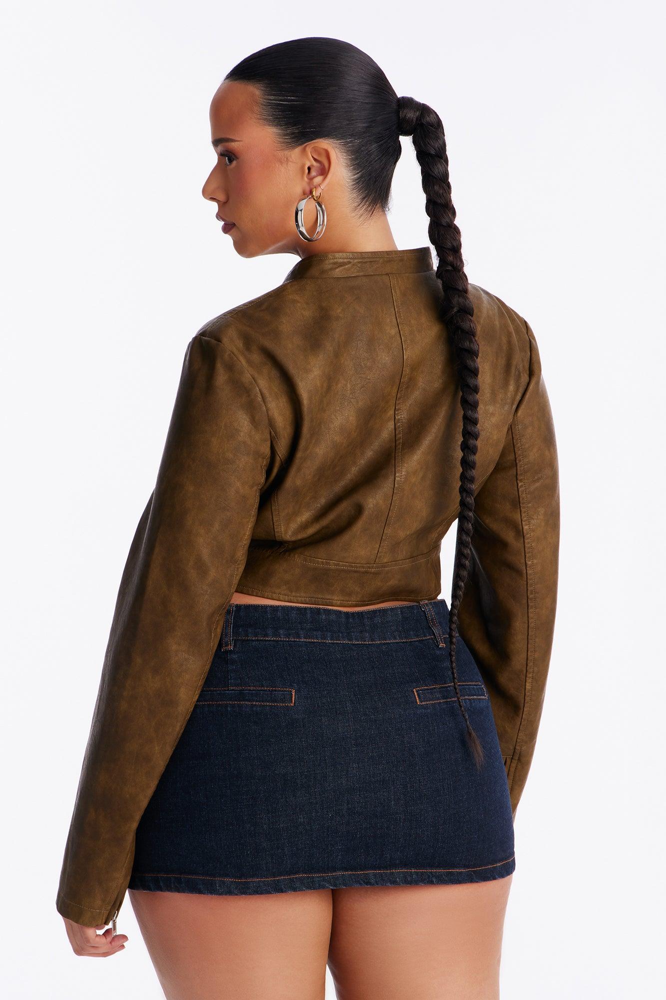 Ines Washed Faux Leather Jacket - Olive Female Product Image