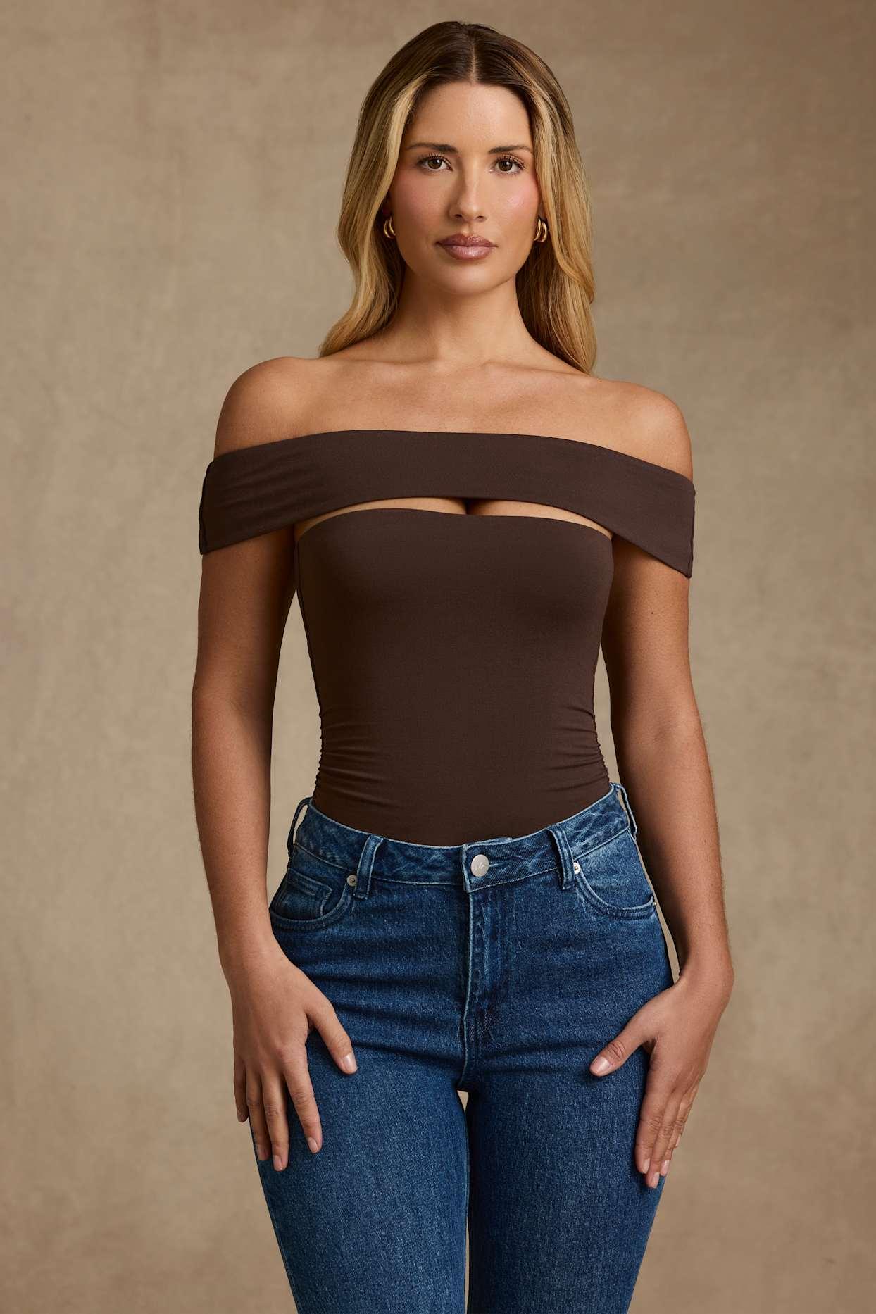 Modal Cut-Out Off-Shoulder Bodysuit in Chocolate Brown Female Product Image