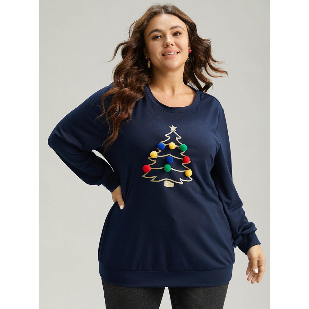 Plus Size Christmas Tree Fluffy Ball Crew Neck Sweatshirt Women Indigo Casual Contrast Festival-Christmas Sweatshirts BloomChic 14-16/1X Product Image