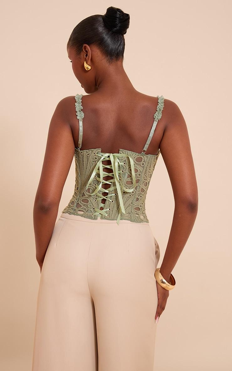 Sage Green Strappy Textured Sheer Floral Lace Corset Product Image