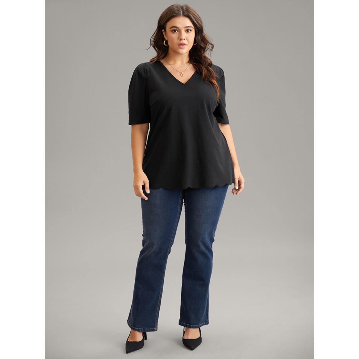 Plus Size Black Plain Puff Sleeve Scalloped Trim Blouse Women Work From Home Half Sleeve V-neck Work Blouses BloomChic 10/M Product Image