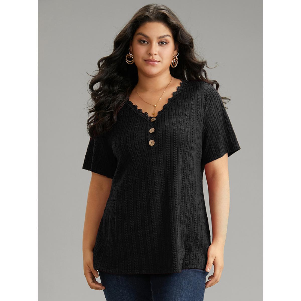 Plus Size Lace Trim Plisse Button Detail T-shirt Black Women Casual Texture Plain V-neck Everyday T-shirts BloomChic 28/5X Product Image