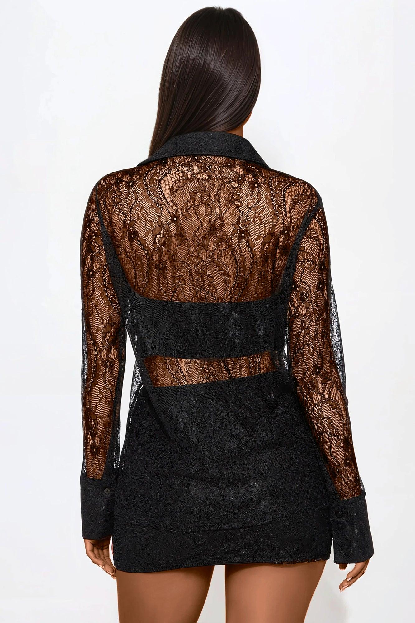 Lyla Lace Shirt And Mini Skirt Set - Black Product Image
