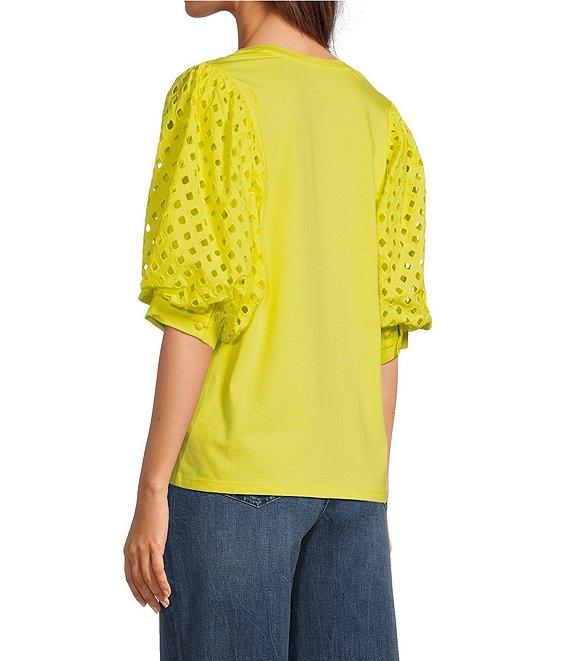 Gibson & Latimer Knit Contrast Eyelet Crew Neck Short 3/4 Balloon Sleeve Top Product Image