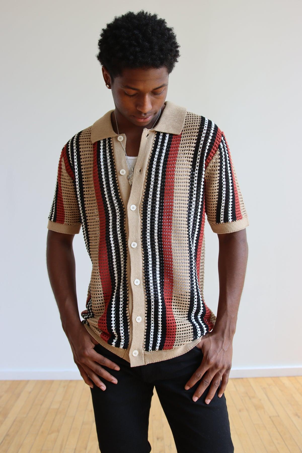 Striped Knit Mesh Button Up Shirt Product Image