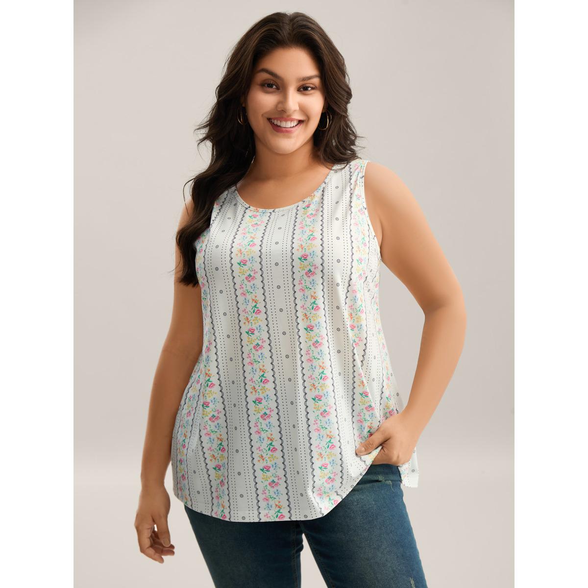Plus Size Floral Print Panels Fitted Tank Top Women Originalwhite Leisure Non Round Neck Casual Tank Tops Camis BloomChic 26/4X Product Image