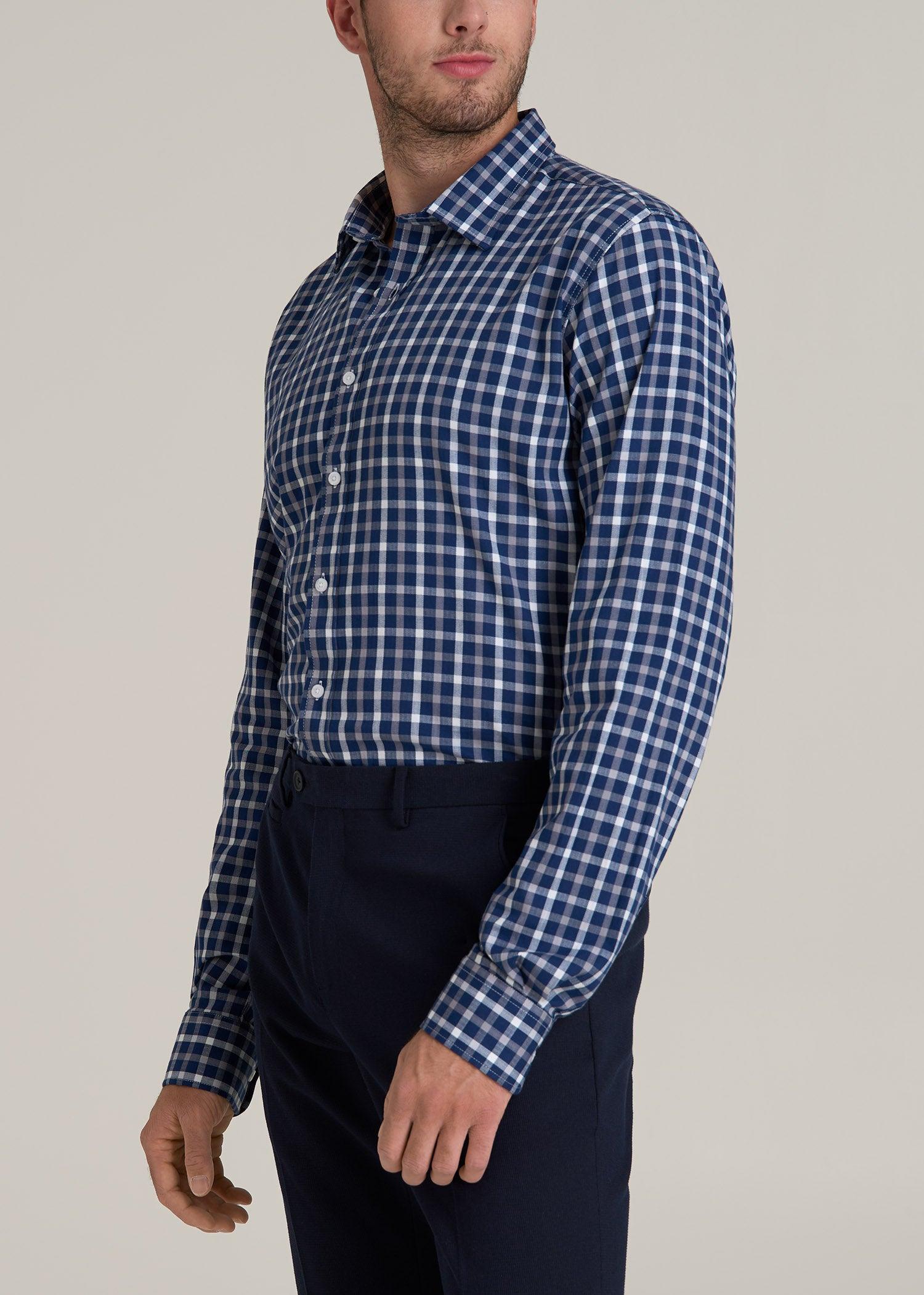Oskar Button-Up Dress Shirt for Tall Men in Navy and Grey Grid Product Image