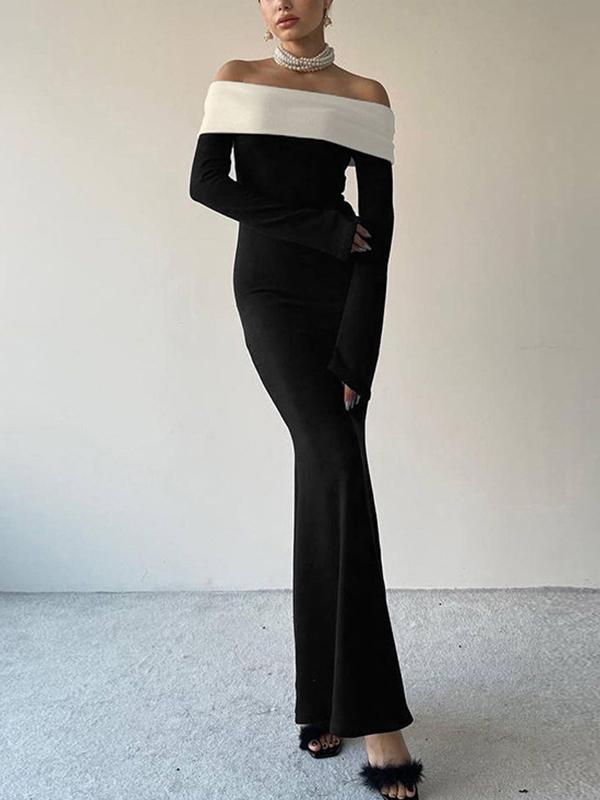 Contrast Color Trim Off Shoulder Long Sleeve Maxi Dress Product Image
