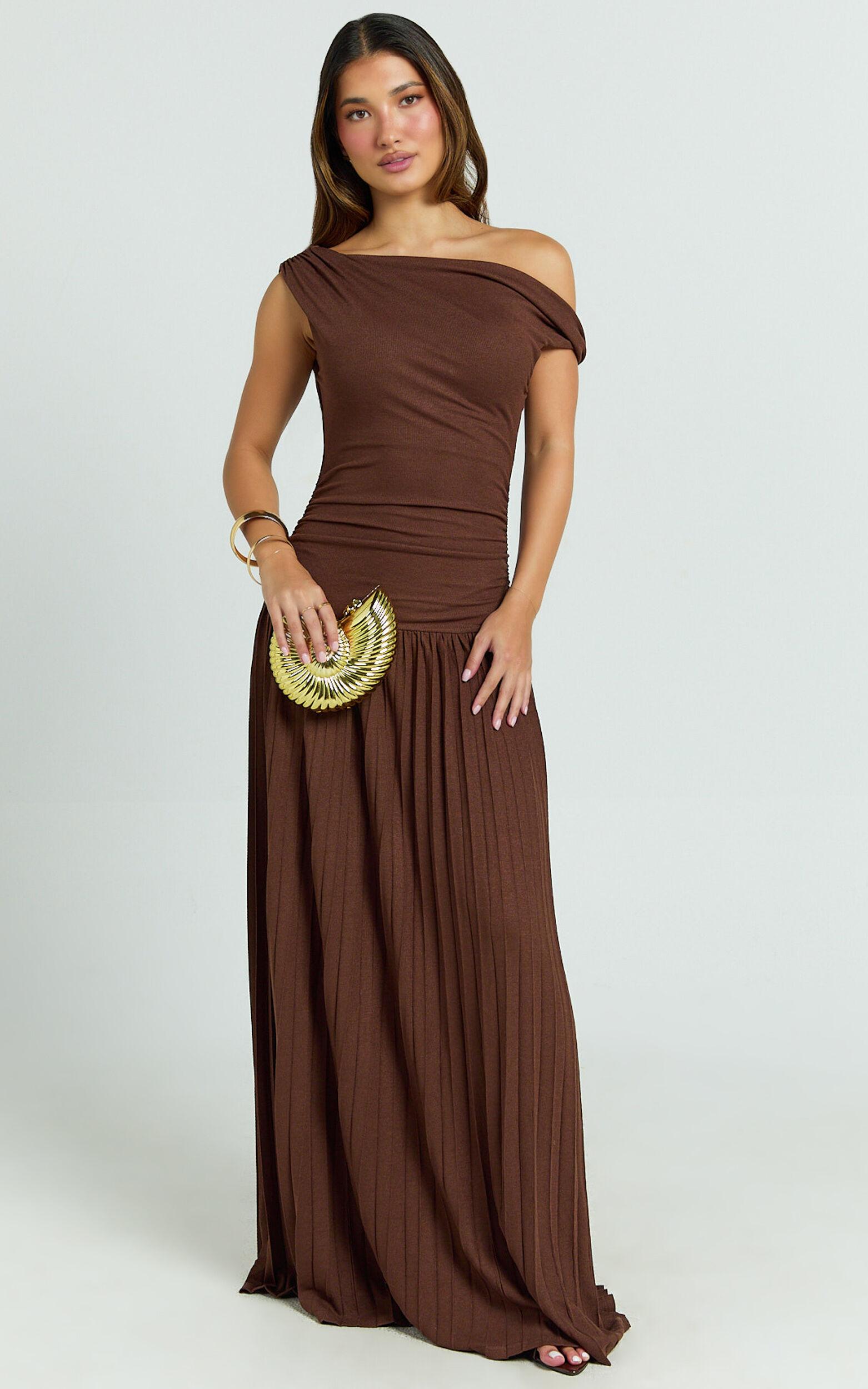 Yvonne Maxi Dress - Jersey Tip Shoulder Ruched Dress in Chocolate Product Image