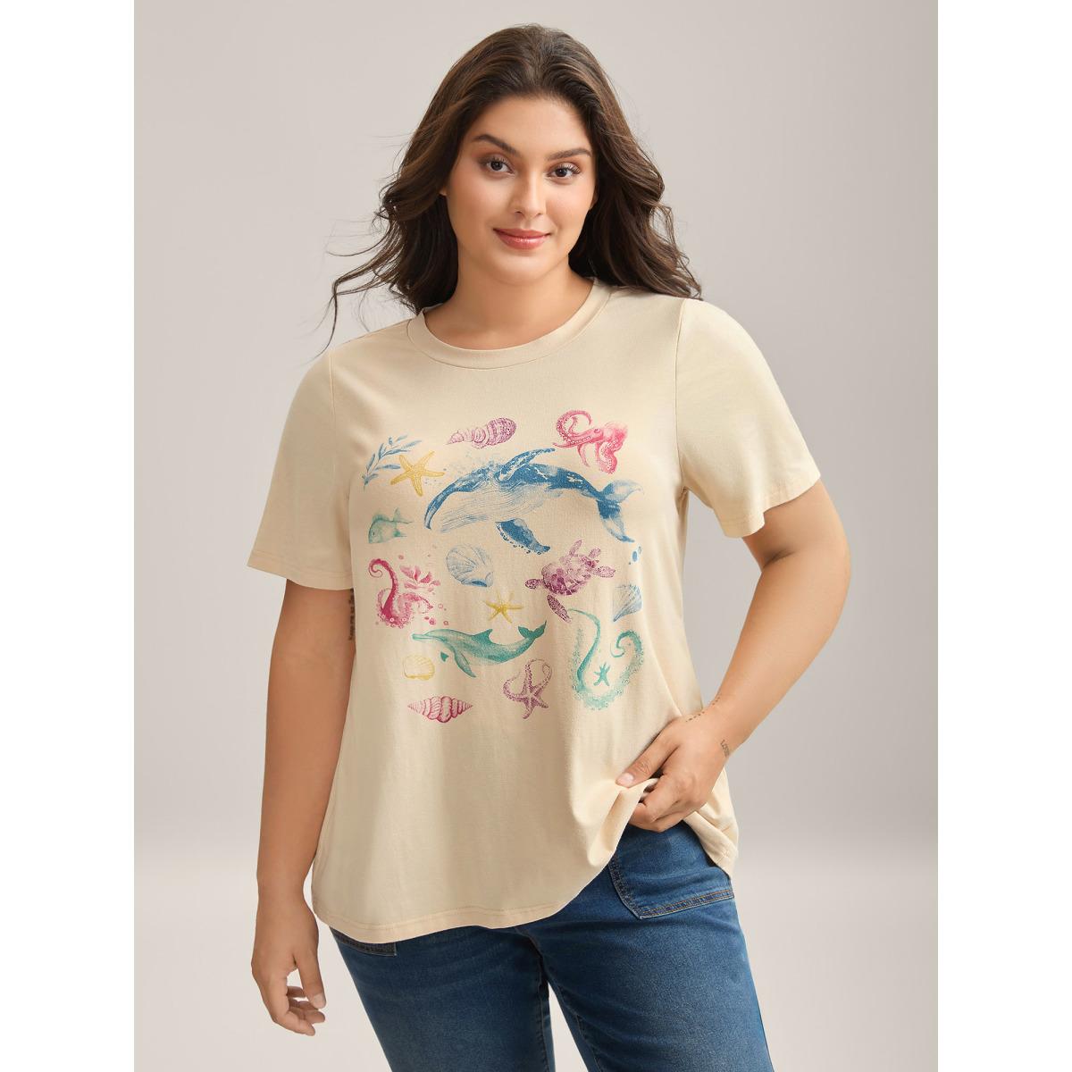 Plus Size Ocean Print Round Neck Fitted T-Shirt Ivory Women Non Marine Round Neck Everyday-Casual T-shirts BloomChic 12/L Product Image