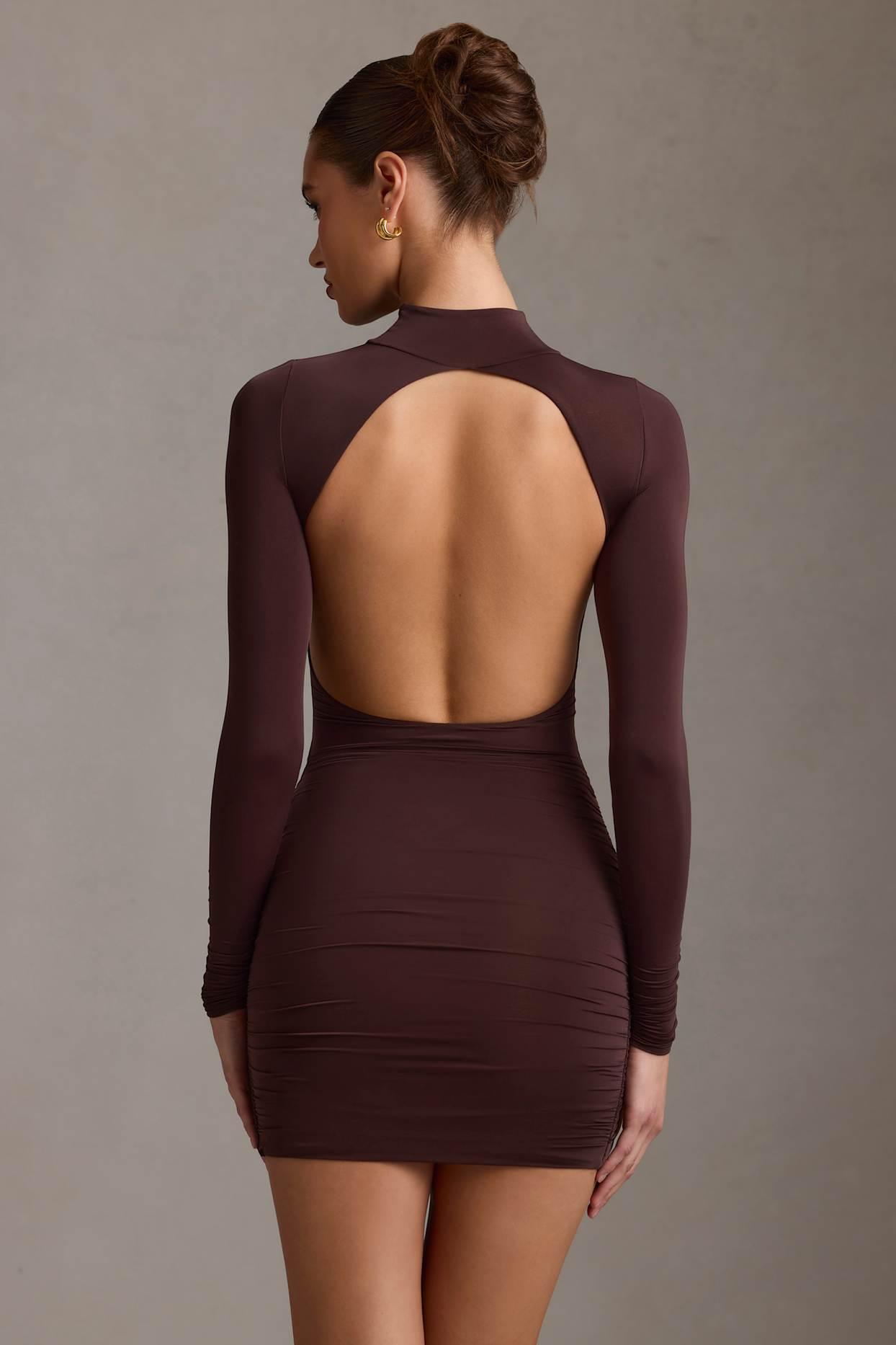Ruched Backless Turtleneck Mini Dress in Chocolate Brown Product Image