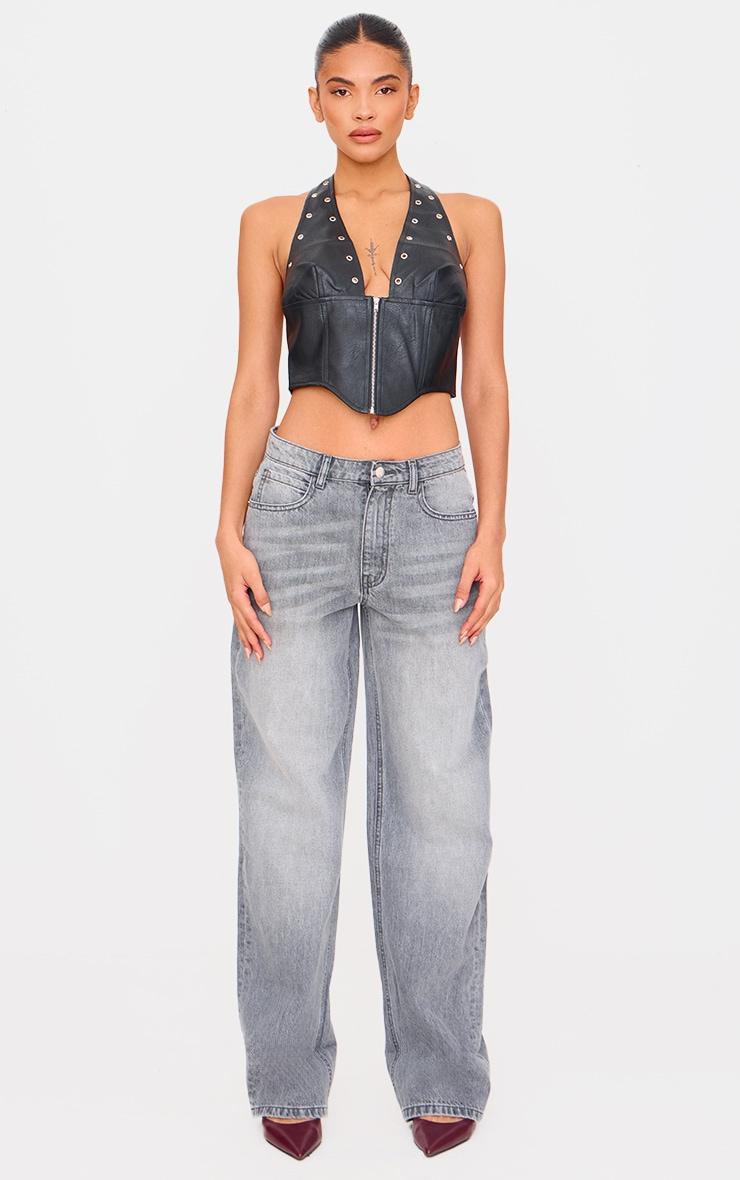 Black Faux Leather Studded Halter Neck Crop Top Product Image