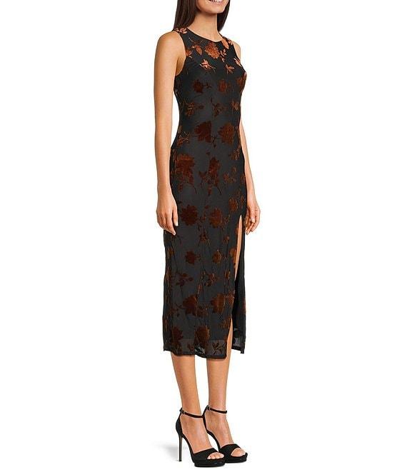 Midnight Doll Floral Burn Out Side Slit Midi Dress Product Image