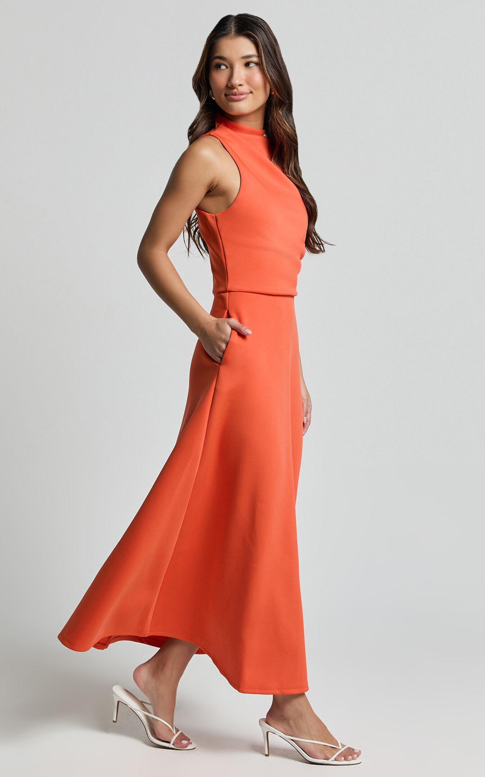 Macy Midi Dress - High Neck A Line Dress in Orange Product Image