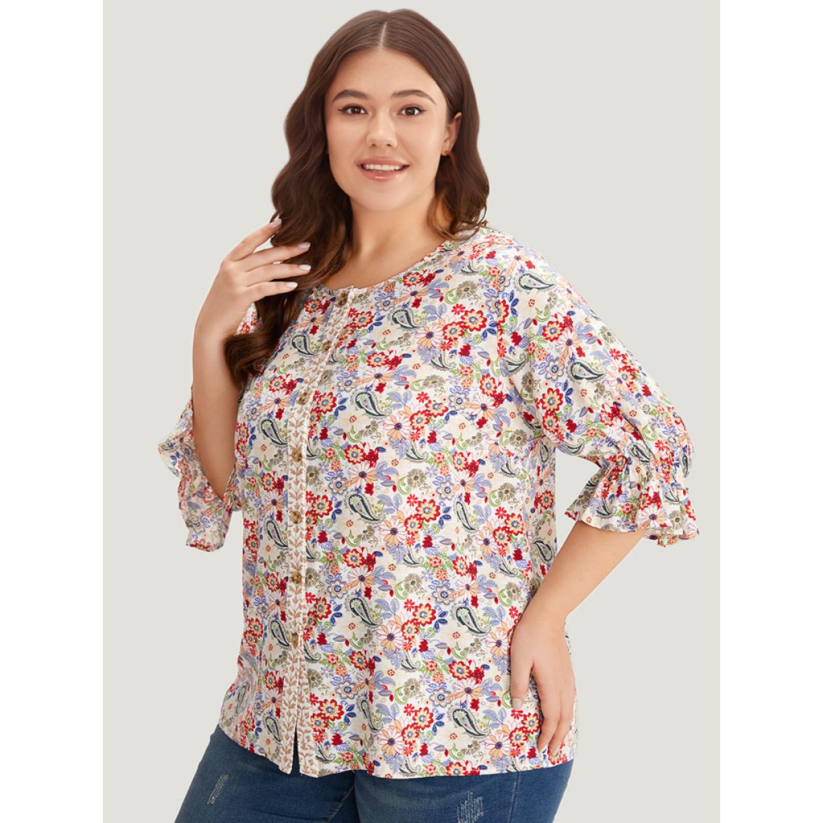 Plus Size Multicolor Floral & Paisley Graphic Button Up Lantern Sleeve Blouse Women Vacation Half Sleeve Round Neck Dailywear Blouses BloomChic 14-16/1X Product Image