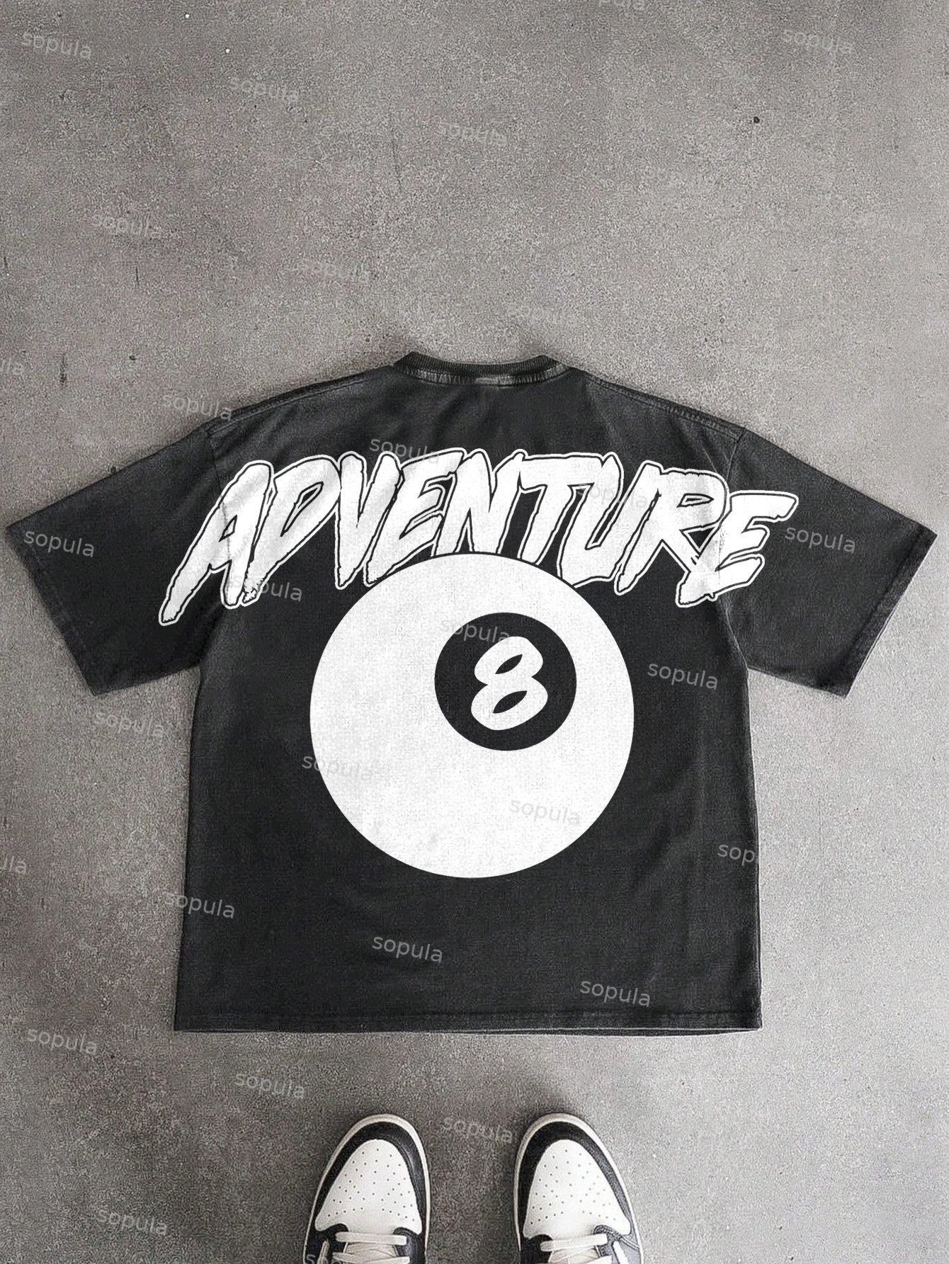 Vintage Black 8 Print Graphic Acid Wash T-shirt Product Image
