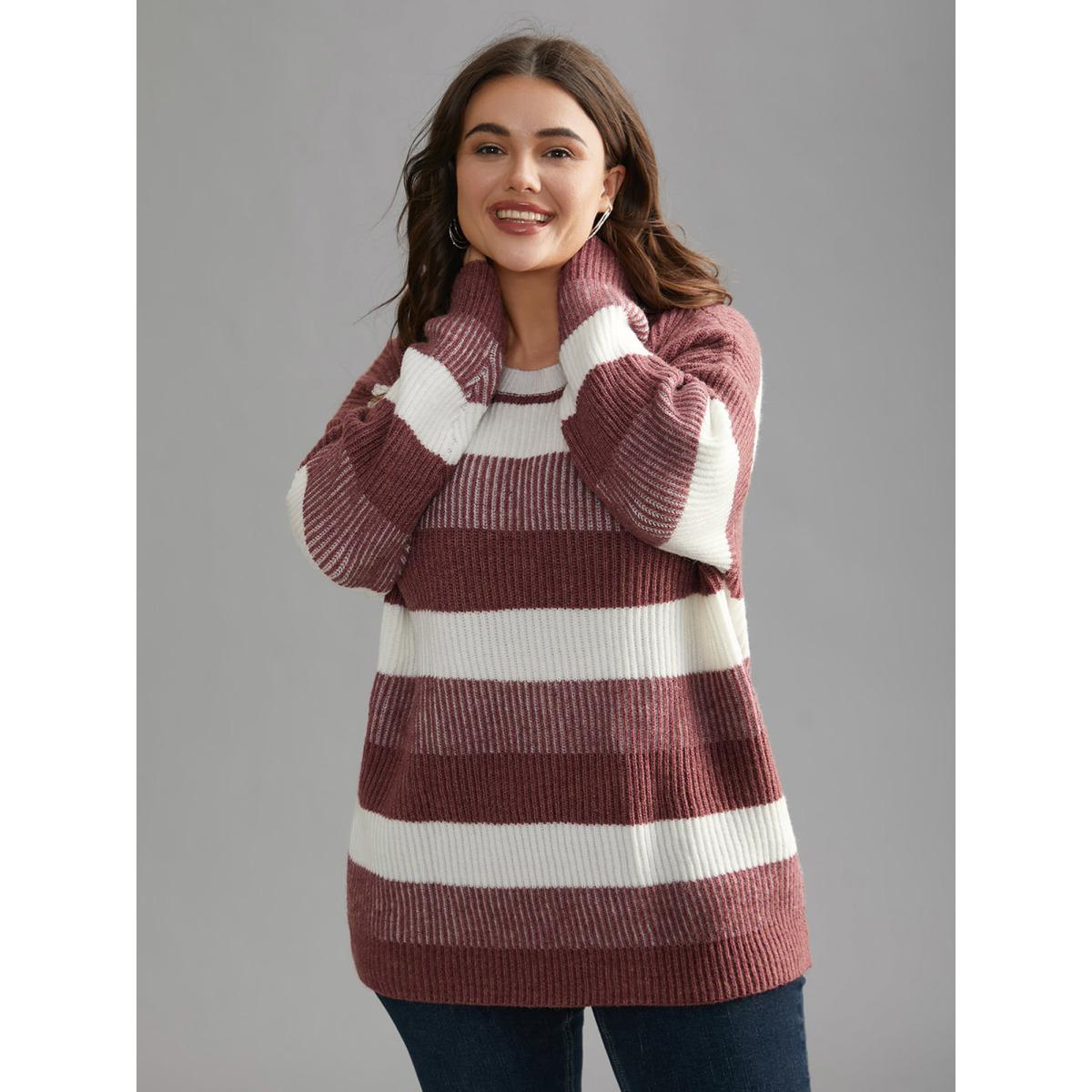Plus Size Color Block Round Neck Texture Pullover Russet Women Casual Loose Long Sleeve Round Neck Everyday Pullovers BloomChic 22-24/3X Product Image