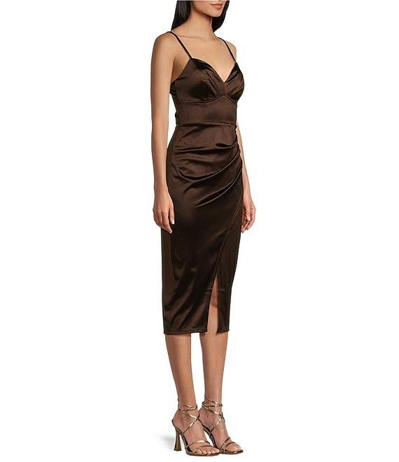 Honey and Rosie V-Neck Fitted Midi Royal Sateen Dress Product Image