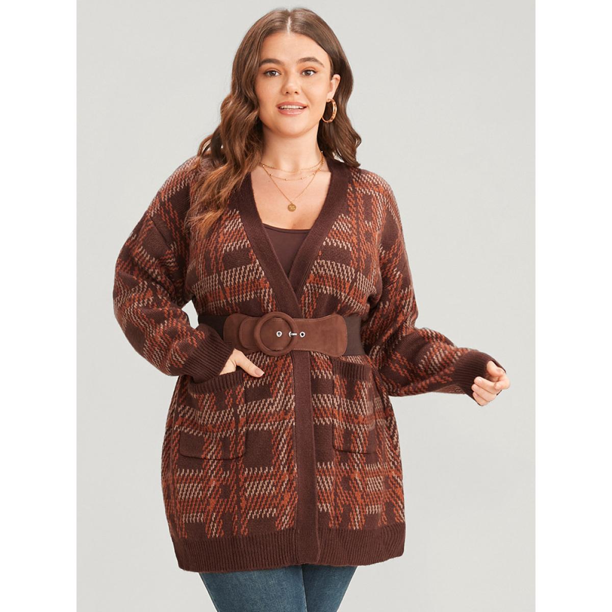 Plus Size Tartan Contrast Pointelle Knit Pocket Open Front Cardigan DarkBrown Women Casual Loose Long Sleeve Dailywear Cardigans BloomChic 12/L Product Image