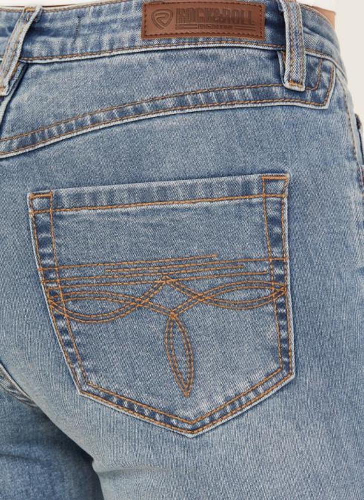 SALE Rock & Roll Denim® Ladies' Distressed Medium Wash MR Boot Cut Stretch Jeans Product Image