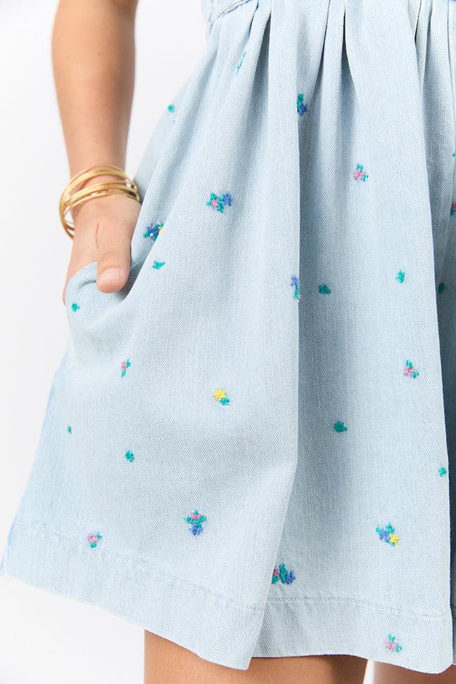 Big Sky Light Wash Denim Embroidered Romper FINAL SALE Product Image