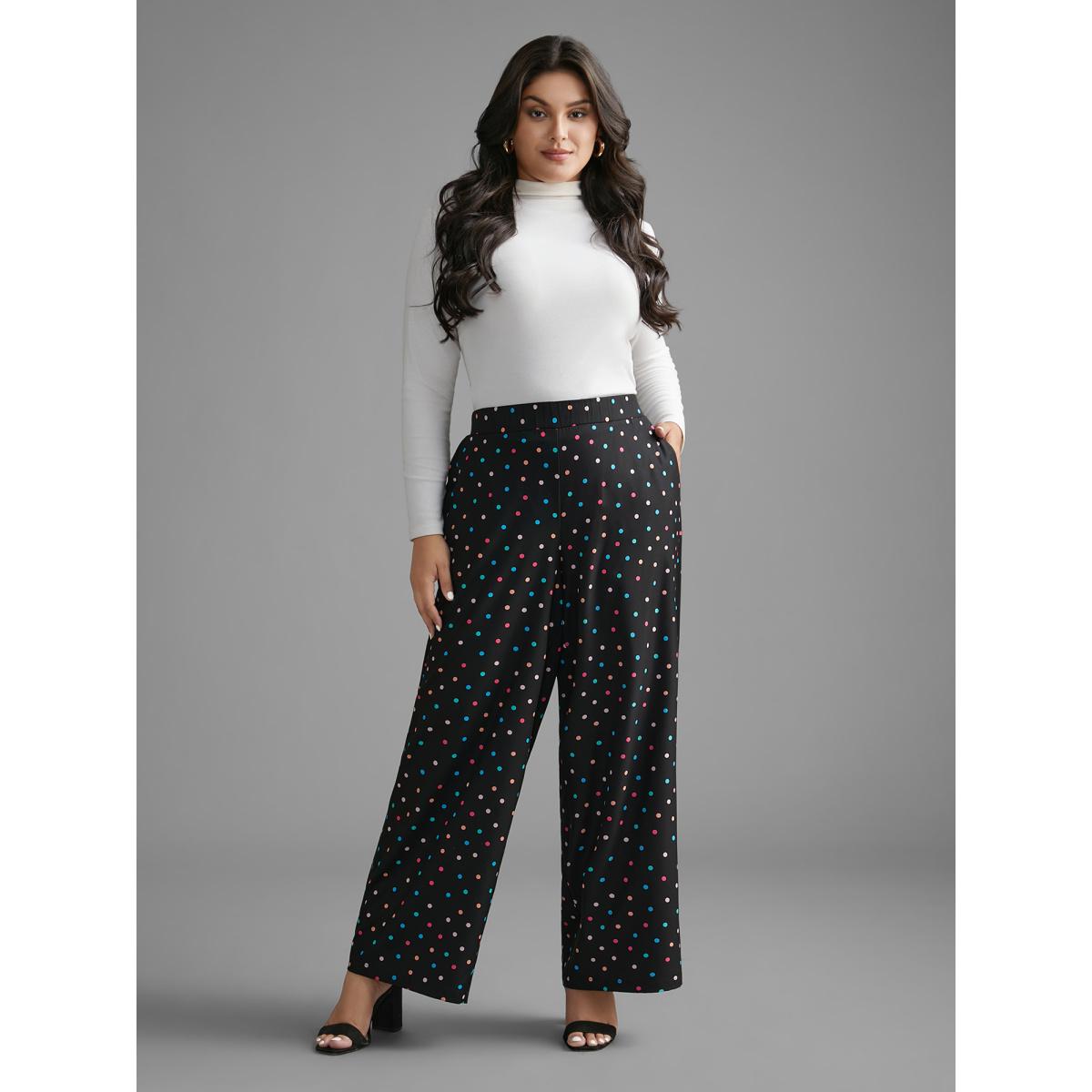 Plus Size Colored Polka Dot Wide Leg Pants Women Black Workwear Essentials Loose Mid Rise Office Pants BloomChic 14-16/1X Product Image