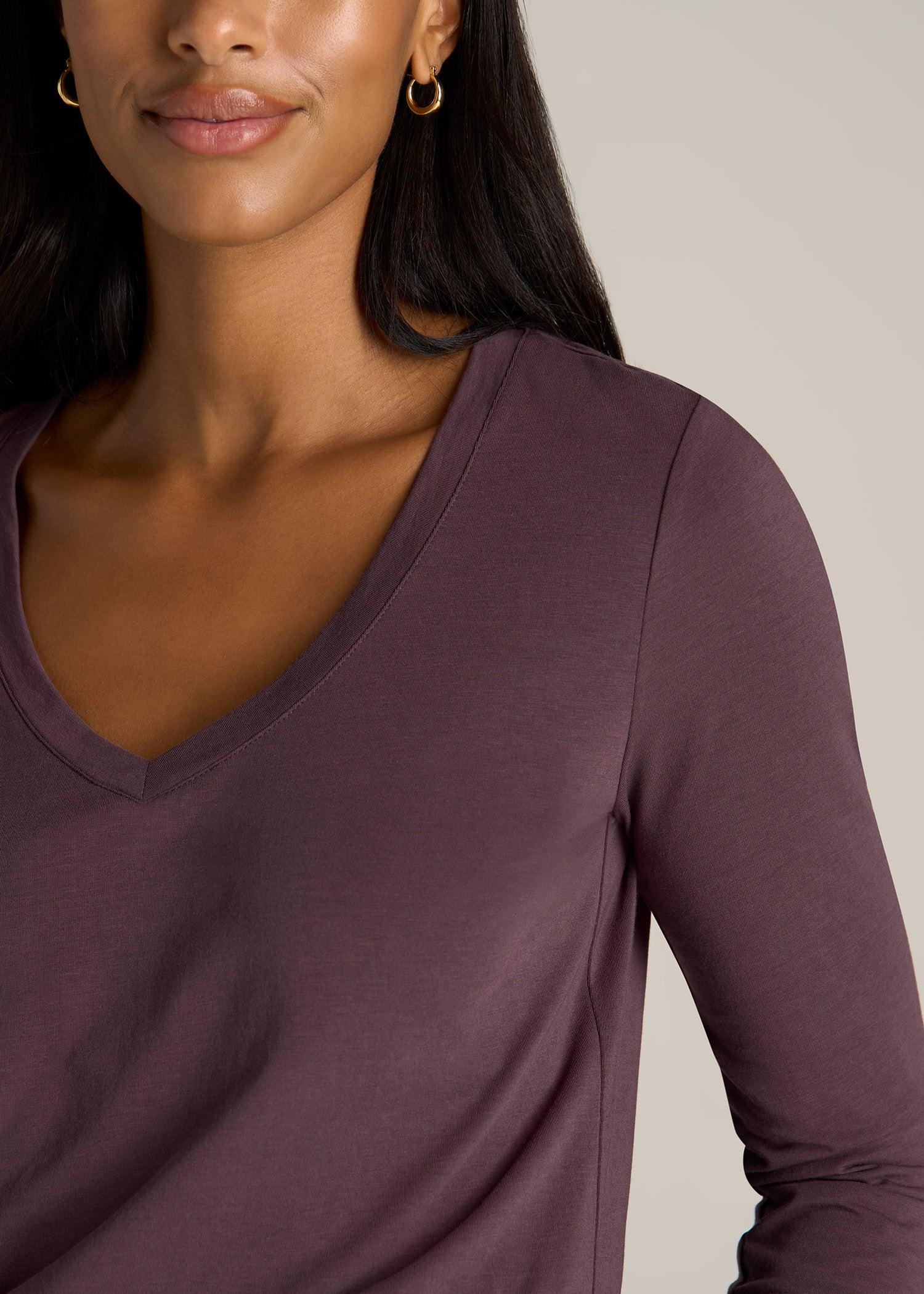 Long Sleeve Scoop V-Neck Tee Shirt for Tall Women in Merlot Female Product Image