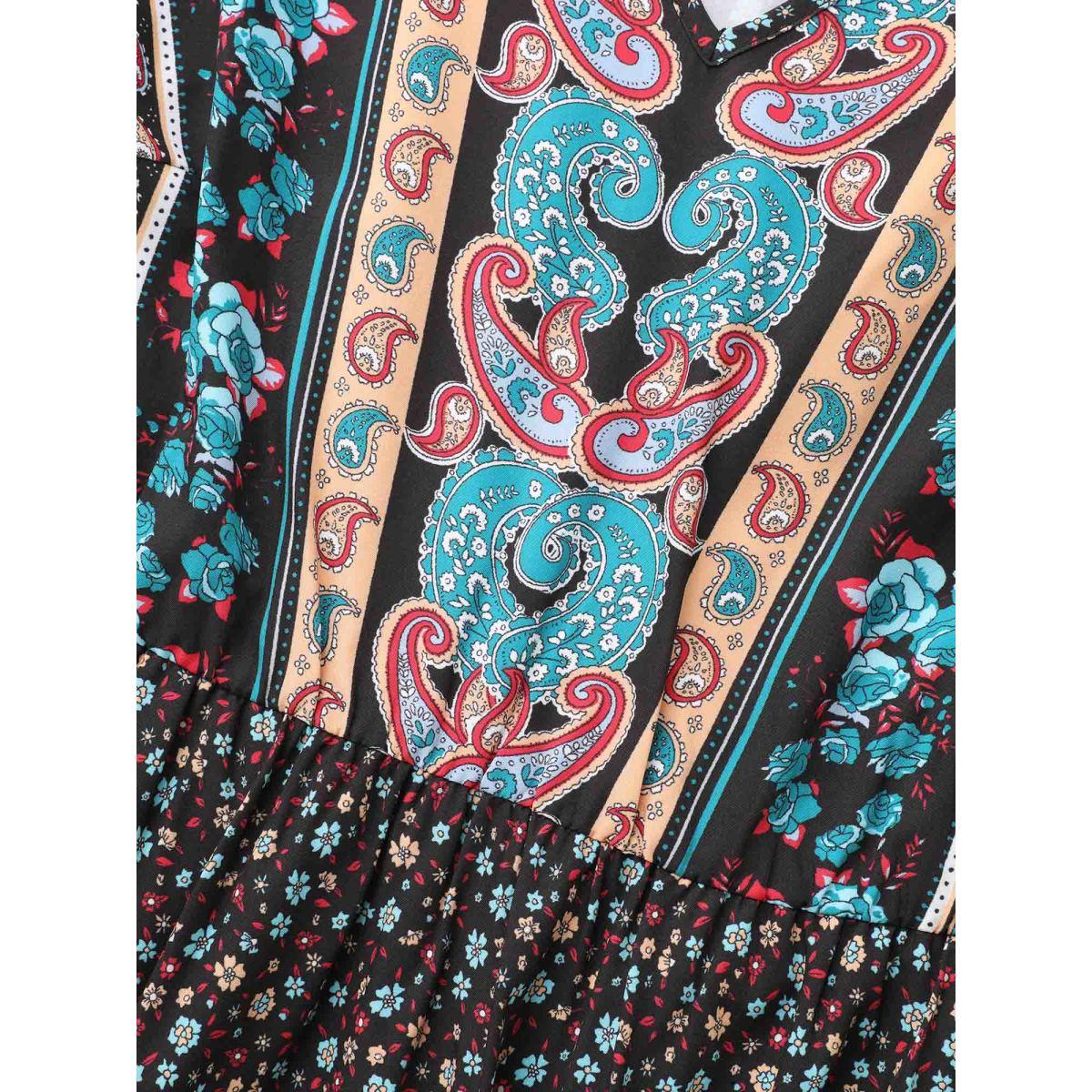 Plus Size Boho Print V Neck Elastic Waist Dress Black Women Resort Frill Trim V-neck Long Sleeve Curvy BloomChic 28/5X Product Image