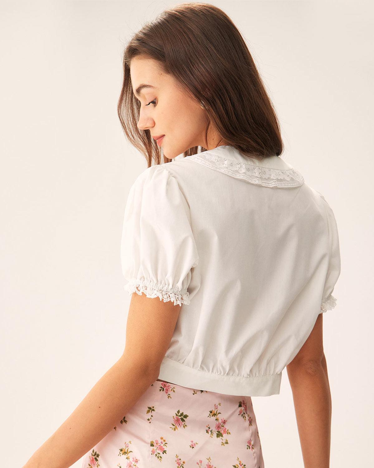 White Floral Puffed Sleeve Cropped Blouse Product Image