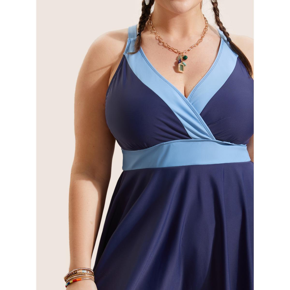 Plus Size Two Tone Gathered Overlap Collar Swim Dress Women's Swimwear Indigo Beach Bodycon Overlap Collar High stretch Curve Swim Dresses BloomChic 10/M Product Image