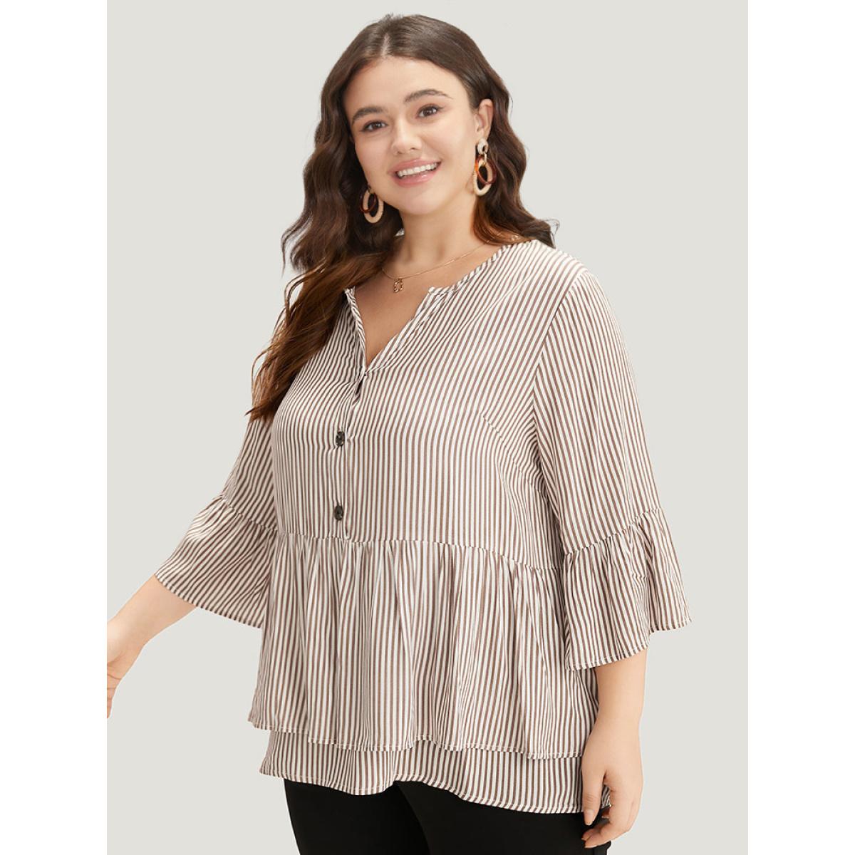 Plus Size Multicolor Striped Button Up Ruffles Bell Sleeve Blouse Women Office Elbow-length sleeve V-neck Office Blouses BloomChic 28/5X Product Image