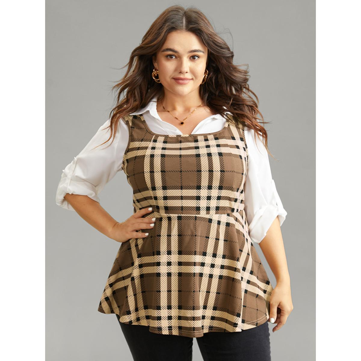 Plus Size Plaid Contrast Flutter Hem Tank Top Women LightBrown Casual Contrast Square Neck Dailywear Tank Tops Camis BloomChic 10/M Product Image
