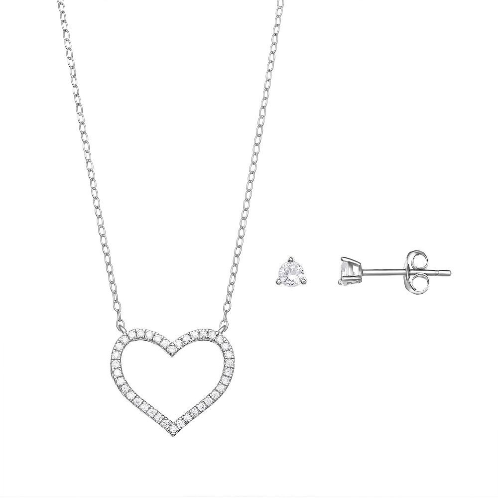 PRIMROSE Sterling Silver Cubic Zirconia Earring & Open Heart Necklace Set, Women's Product Image
