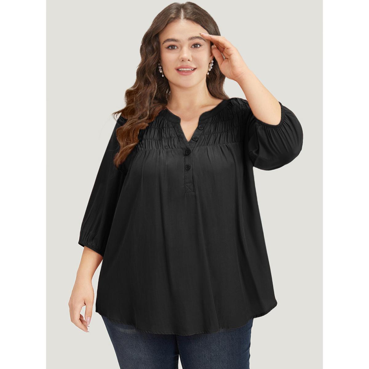 Plus Size Black Plain Notched Button Through Elastic Cuffs Shirred Blouse Women Office Elbow-length sleeve V-neck Office Blouses BloomChic 14-16/1X Product Image